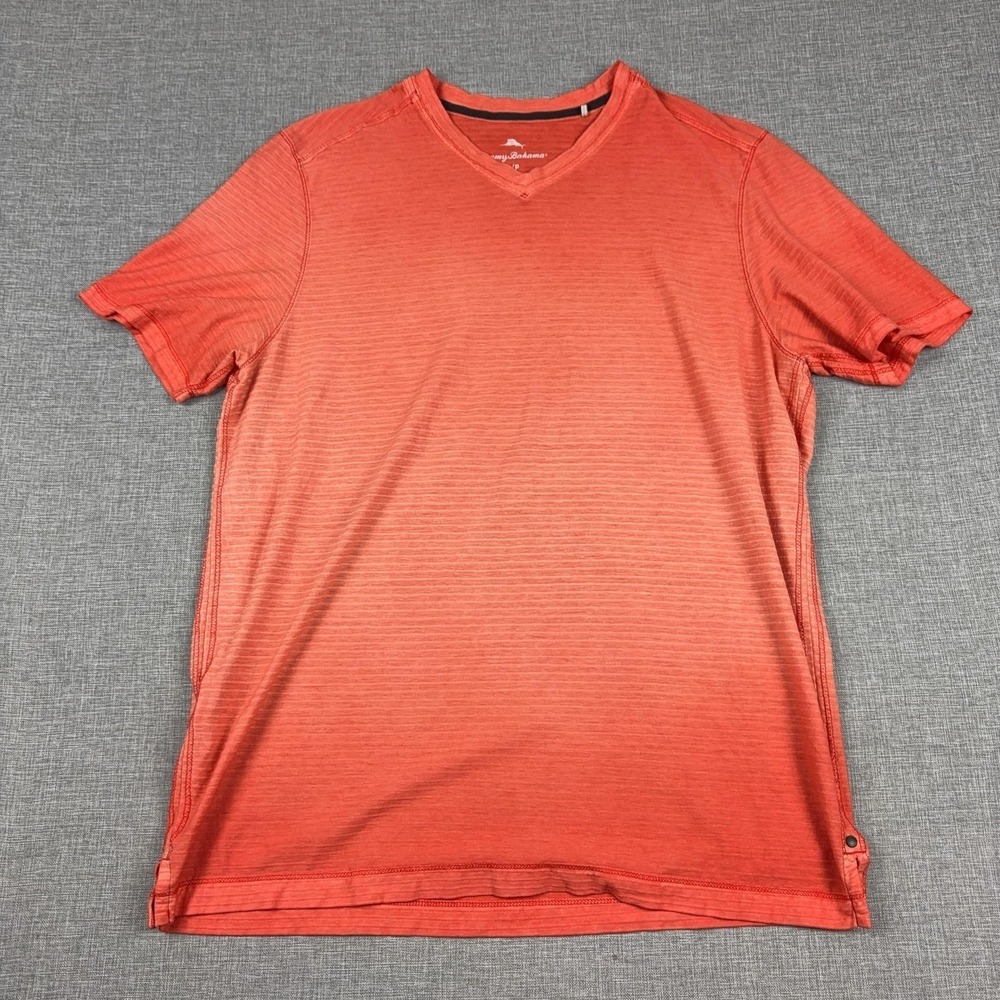 Tommy Bahama Shirt Mens Small Orange Striped V‎ Neck Tagless Stretch Jersey Tee